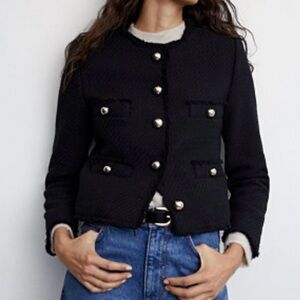 NEW Mango MNG Jacket Woman XL Black Tweed Gold Buttons Cropped Long Sleeve NWT